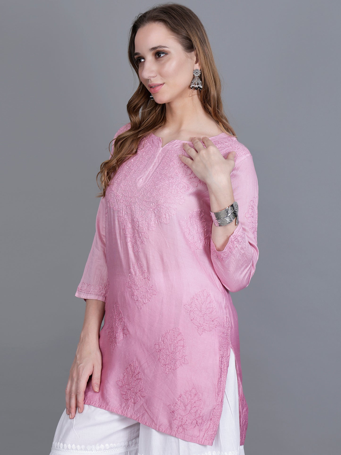 The Chikankari Story Women’s Hand-Embroidered Chanderi Chikankari Short Kurti – 3/4 Sleeve Straight Fit with Bakhhiya Work in Lilac, Pink, Grey, Powder Blue, Brown & Fire Red.