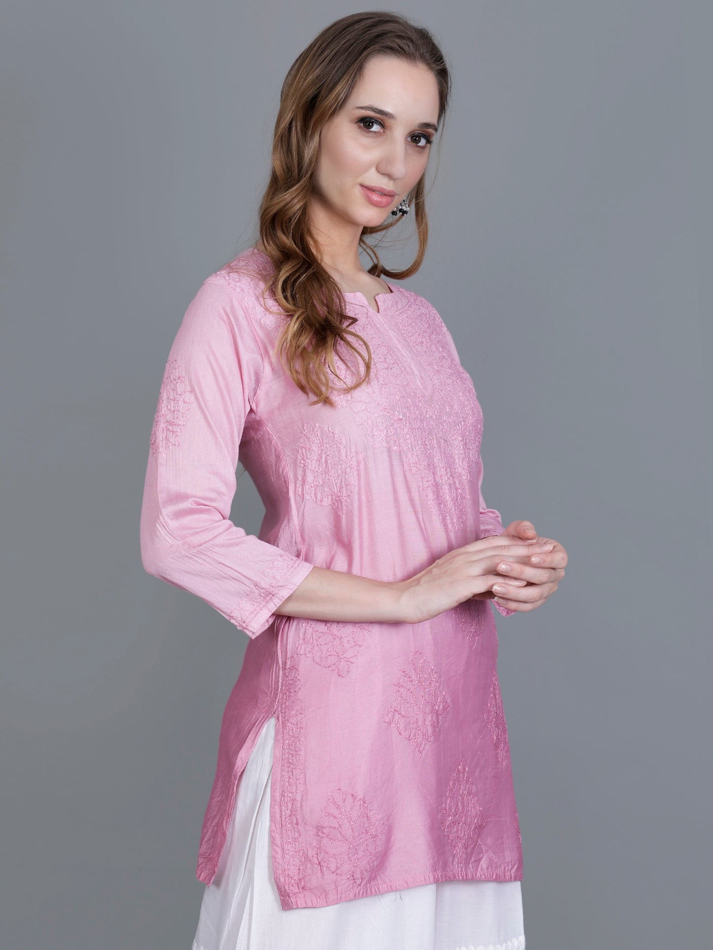 The Chikankari Story Women’s Hand-Embroidered Chanderi Chikankari Short Kurti – 3/4 Sleeve Straight Fit with Bakhhiya Work in Lilac, Pink, Grey, Powder Blue, Brown & Fire Red.