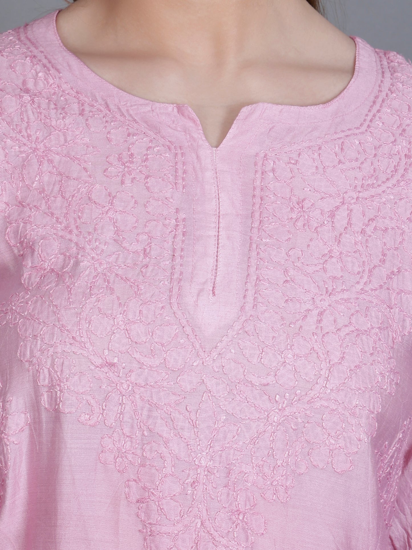 The Chikankari Story Women’s Hand-Embroidered Chanderi Chikankari Short Kurti – 3/4 Sleeve Straight Fit with Bakhhiya Work in Lilac, Pink, Grey, Powder Blue, Brown & Fire Red.