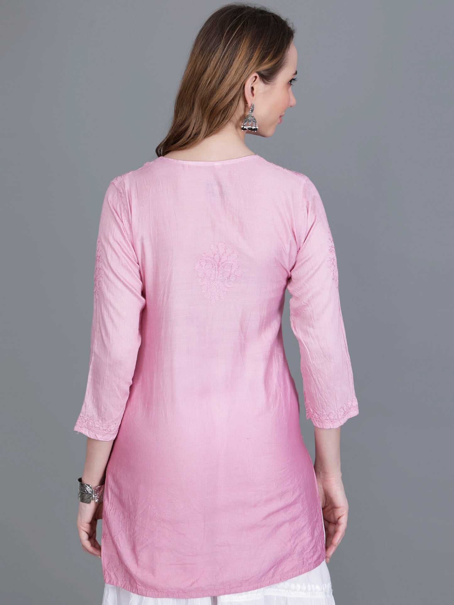 The Chikankari Story Women’s Hand-Embroidered Chanderi Chikankari Short Kurti – 3/4 Sleeve Straight Fit with Bakhhiya Work in Lilac, Pink, Grey, Powder Blue, Brown & Fire Red.