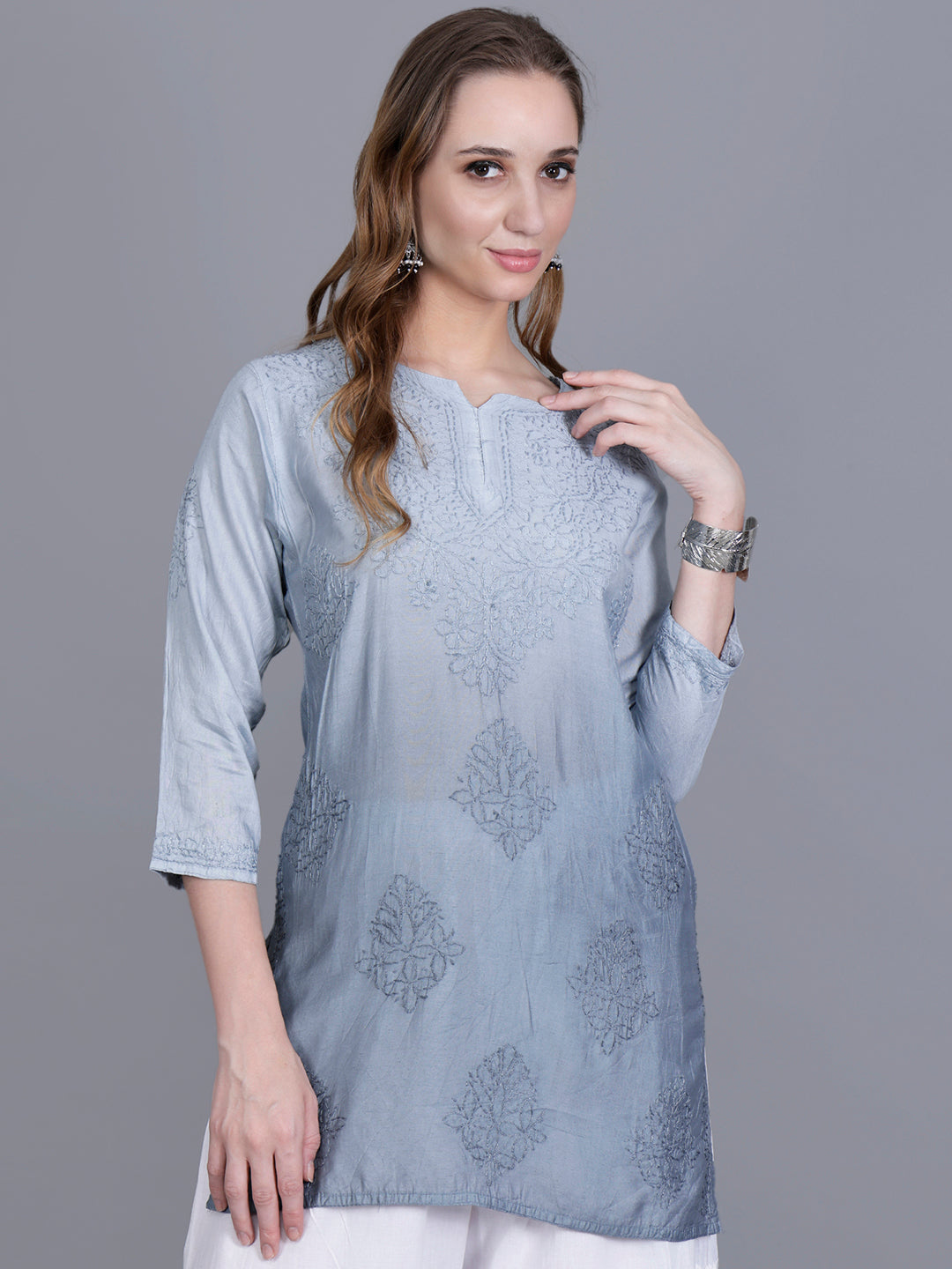 The Chikankari Story Women’s Hand-Embroidered Chanderi Chikankari Short Kurti – 3/4 Sleeve Straight Fit with Bakhhiya Work in Lilac, Pink, Grey, Powder Blue, Brown & Fire Red.
