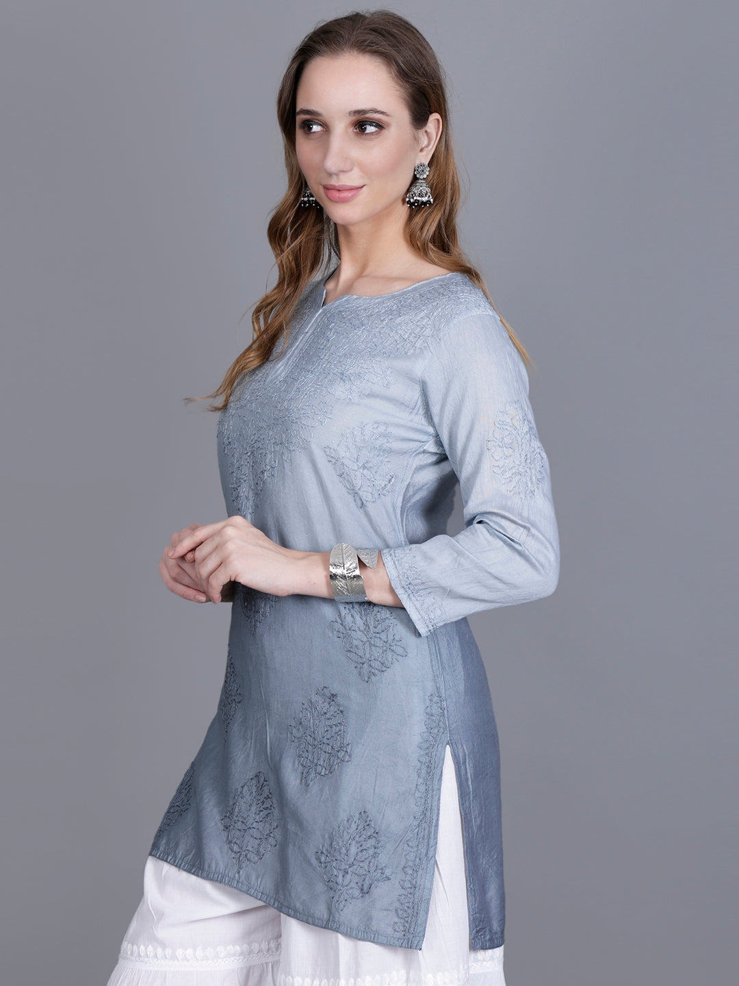 The Chikankari Story Women’s Hand-Embroidered Chanderi Chikankari Short Kurti – 3/4 Sleeve Straight Fit with Bakhhiya Work in Lilac, Pink, Grey, Powder Blue, Brown & Fire Red.