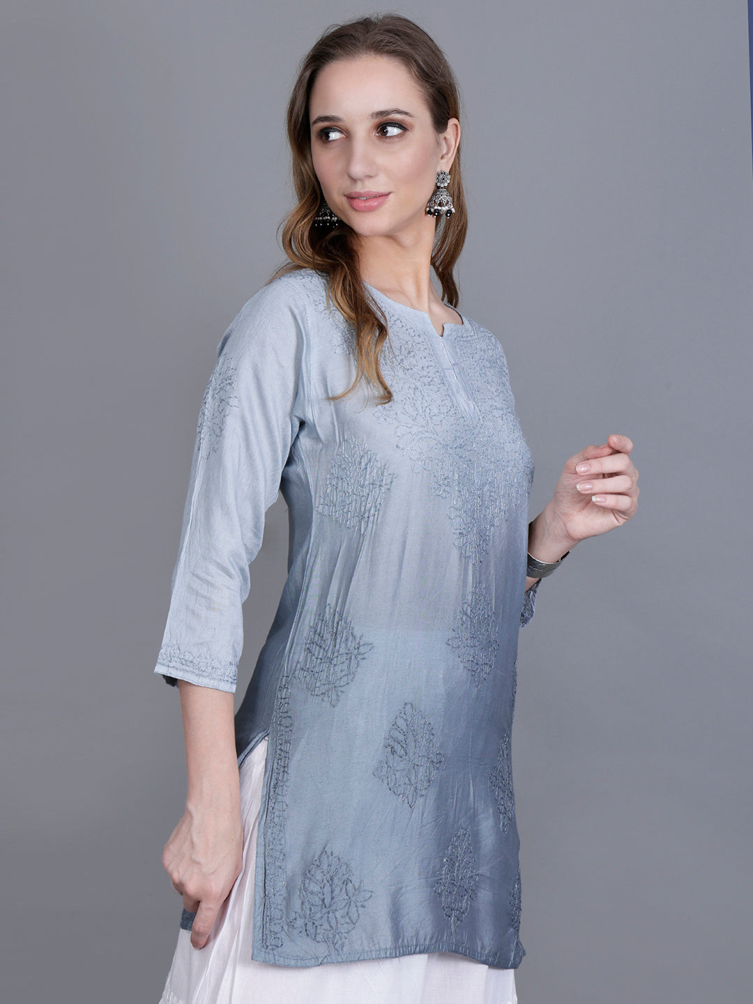 The Chikankari Story Women’s Hand-Embroidered Chanderi Chikankari Short Kurti – 3/4 Sleeve Straight Fit with Bakhhiya Work in Lilac, Pink, Grey, Powder Blue, Brown & Fire Red.