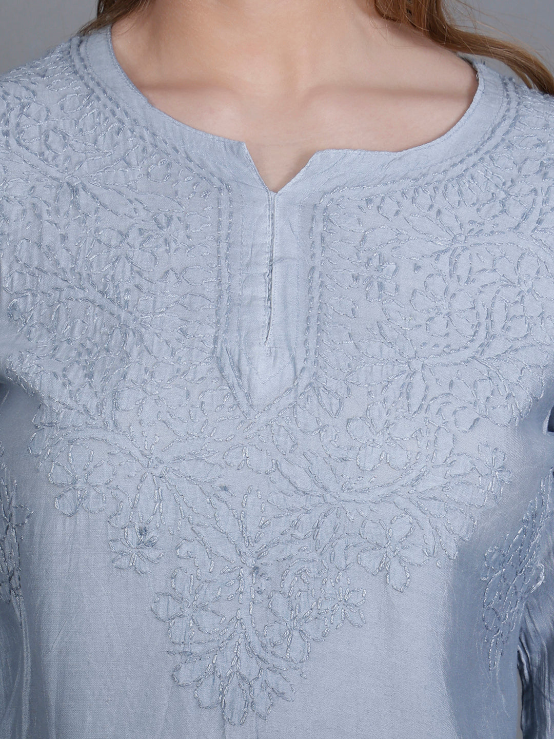 The Chikankari Story Women’s Hand-Embroidered Chanderi Chikankari Short Kurti – 3/4 Sleeve Straight Fit with Bakhhiya Work in Lilac, Pink, Grey, Powder Blue, Brown & Fire Red.