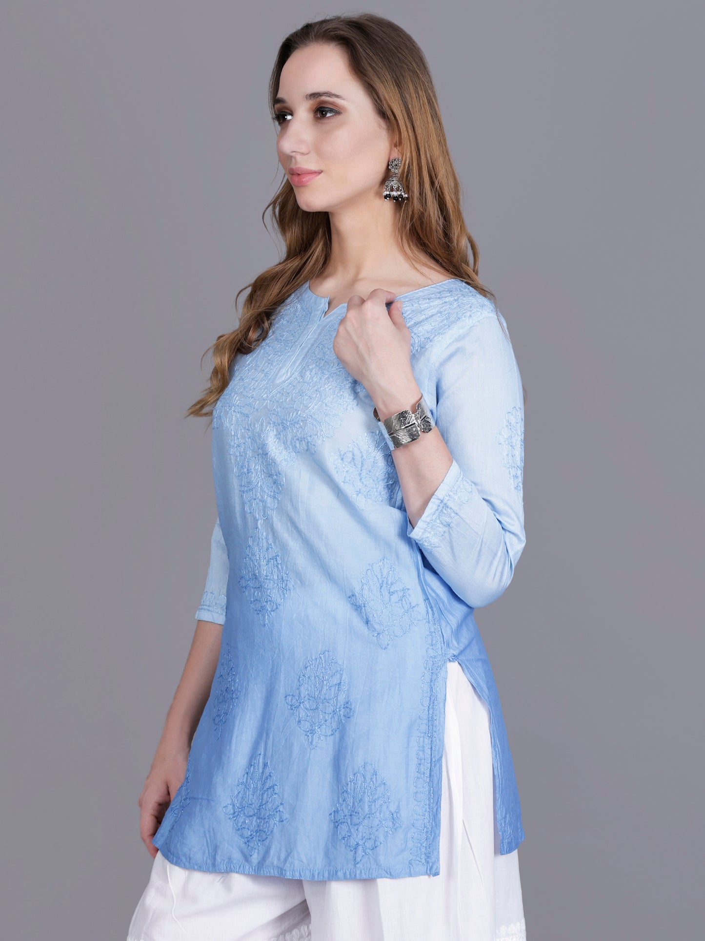 The Chikankari Story Women’s Hand-Embroidered Chanderi Chikankari Short Kurti – 3/4 Sleeve Straight Fit with Bakhhiya Work in Lilac, Pink, Grey, Powder Blue, Brown & Fire Red.