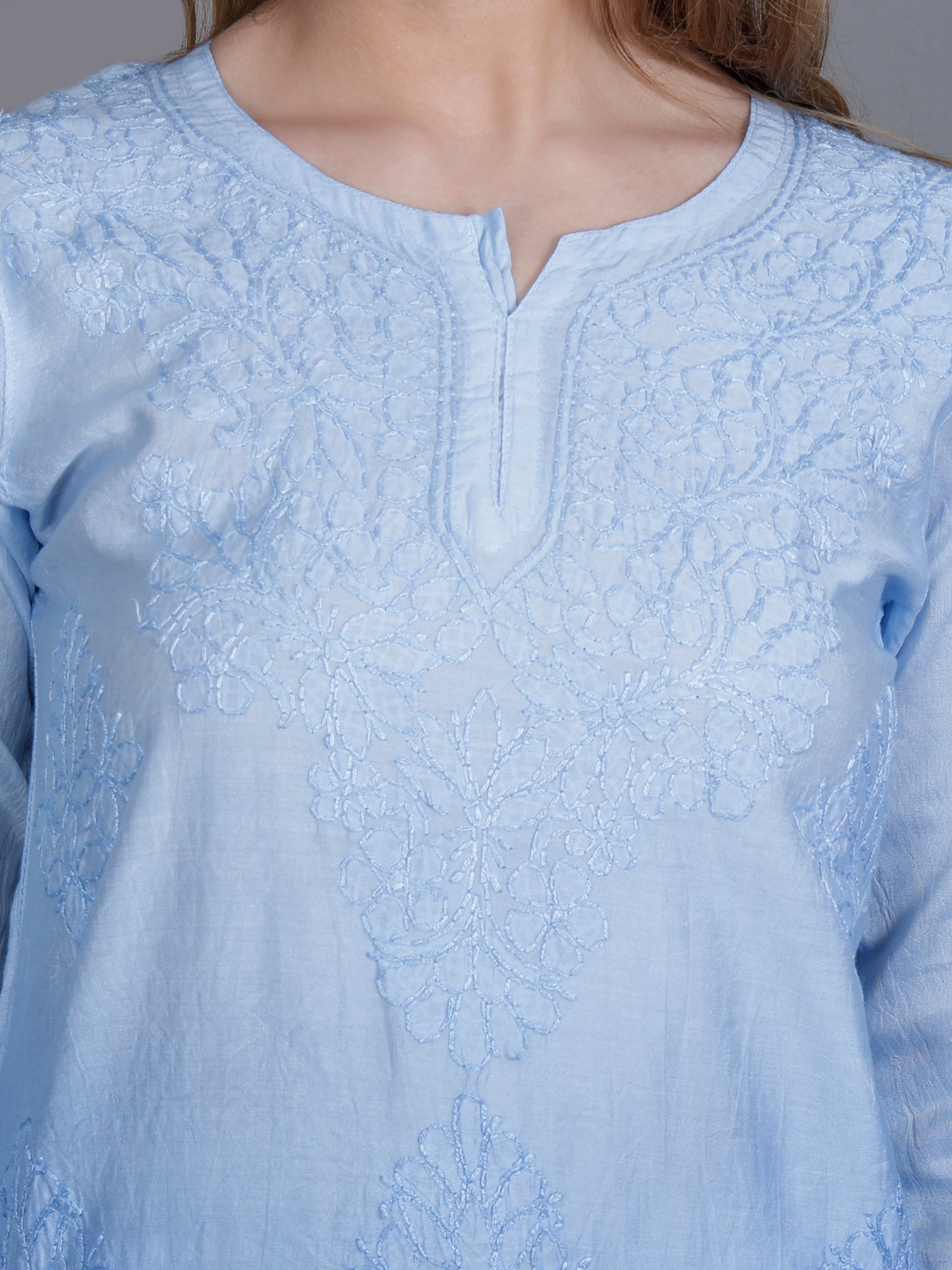 The Chikankari Story Women’s Hand-Embroidered Chanderi Chikankari Short Kurti – 3/4 Sleeve Straight Fit with Bakhhiya Work in Lilac, Pink, Grey, Powder Blue, Brown & Fire Red.