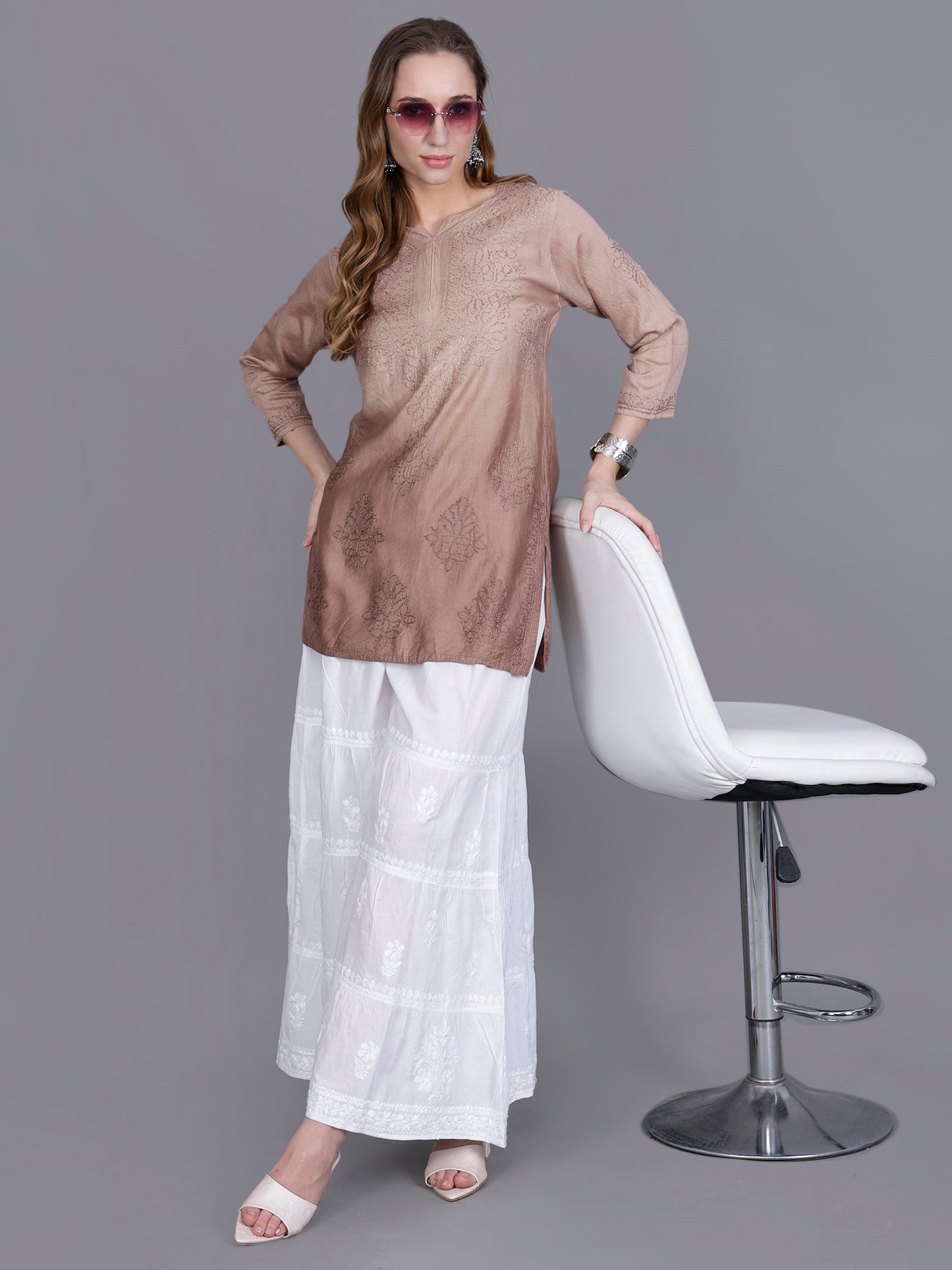 The Chikankari Story Women’s Hand-Embroidered Chanderi Chikankari Short Kurti – 3/4 Sleeve Straight Fit with Bakhhiya Work in Lilac, Pink, Grey, Powder Blue, Brown & Fire Red.