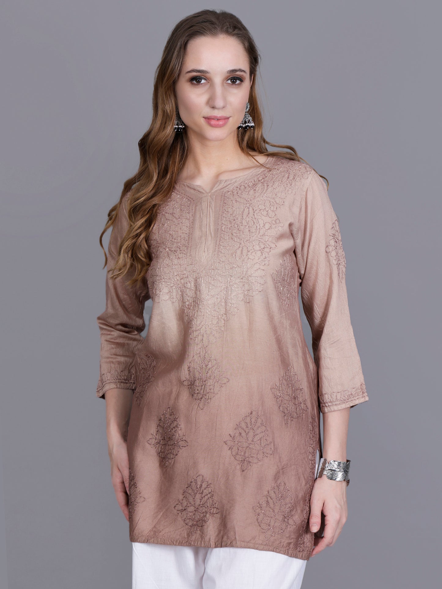 The Chikankari Story Women’s Hand-Embroidered Chanderi Chikankari Short Kurti – 3/4 Sleeve Straight Fit with Bakhhiya Work in Lilac, Pink, Grey, Powder Blue, Brown & Fire Red.