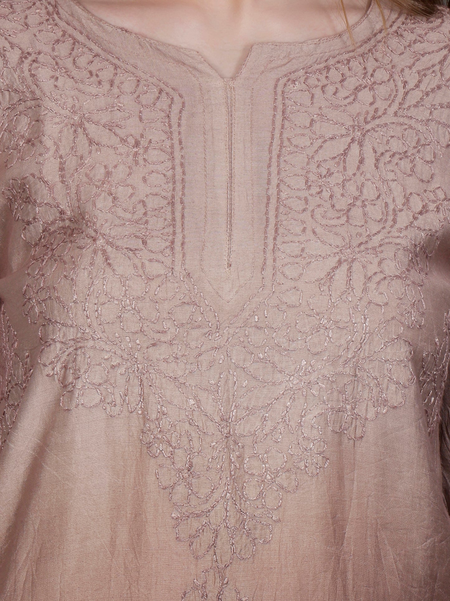 The Chikankari Story Women’s Hand-Embroidered Chanderi Chikankari Short Kurti – 3/4 Sleeve Straight Fit with Bakhhiya Work in Lilac, Pink, Grey, Powder Blue, Brown & Fire Red.