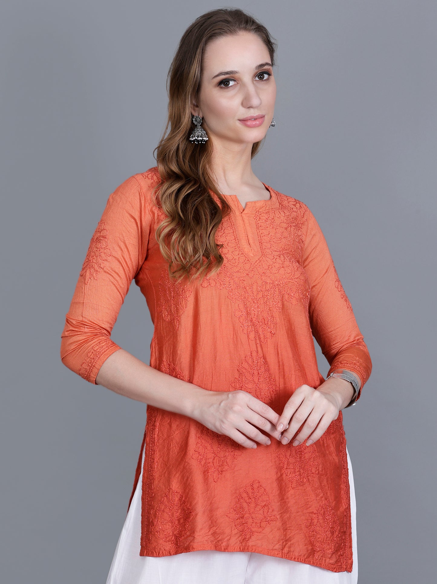The Chikankari Story Women’s Hand-Embroidered Chanderi Chikankari Short Kurti – 3/4 Sleeve Straight Fit with Bakhhiya Work in Lilac, Pink, Grey, Powder Blue, Brown & Fire Red.