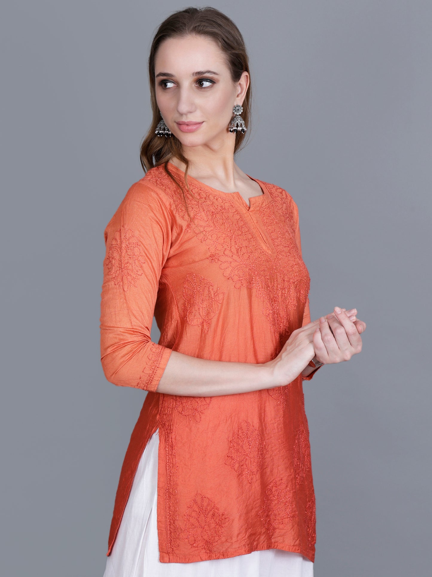 The Chikankari Story Women’s Hand-Embroidered Chanderi Chikankari Short Kurti – 3/4 Sleeve Straight Fit with Bakhhiya Work in Lilac, Pink, Grey, Powder Blue, Brown & Fire Red.