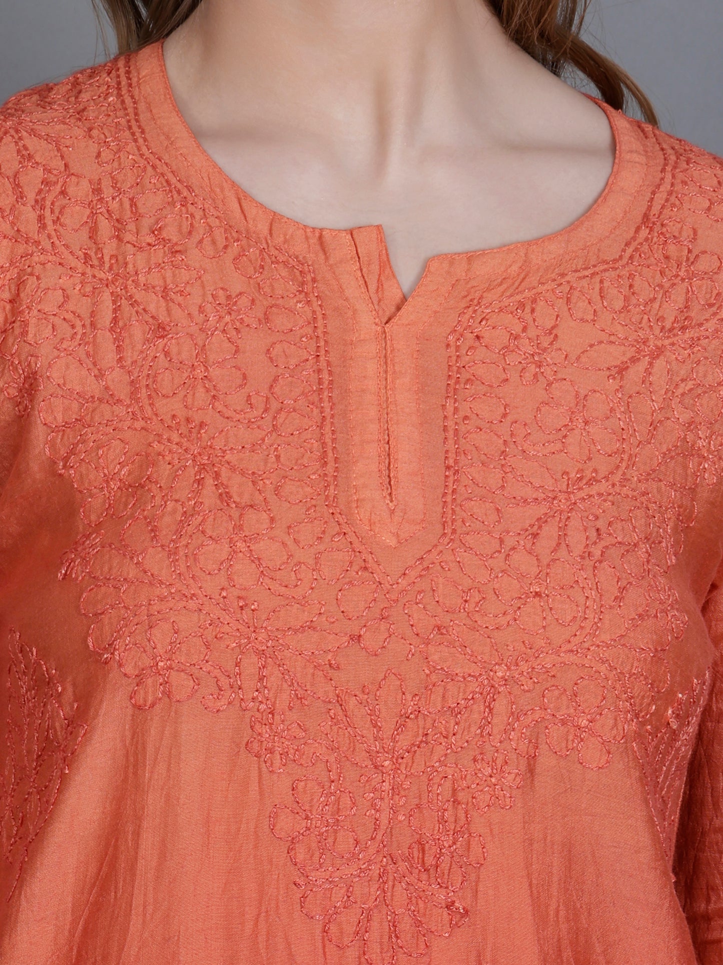 The Chikankari Story Women’s Hand-Embroidered Chanderi Chikankari Short Kurti – 3/4 Sleeve Straight Fit with Bakhhiya Work in Lilac, Pink, Grey, Powder Blue, Brown & Fire Red.