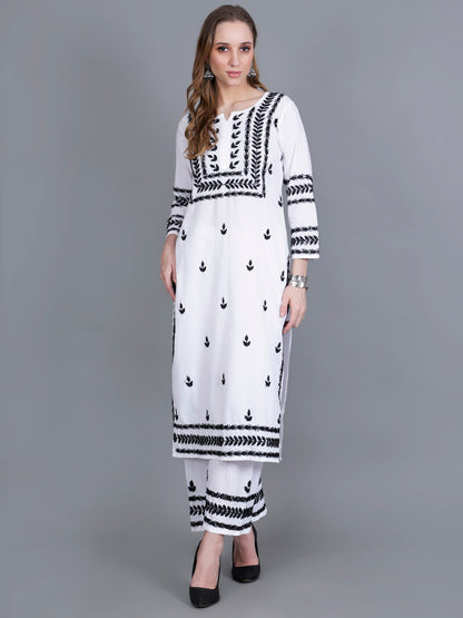 The Chikankari Story Women’s White Hand-Embroidered Kurta Set with Black Lucknowi Work – Straight Fit Kurta & Palazzo.