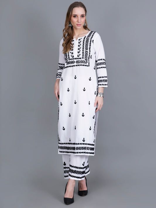 The Chikankari Story Women’s White Hand-Embroidered Kurta Set with Black Lucknowi Work – Straight Fit Kurta & Palazzo.