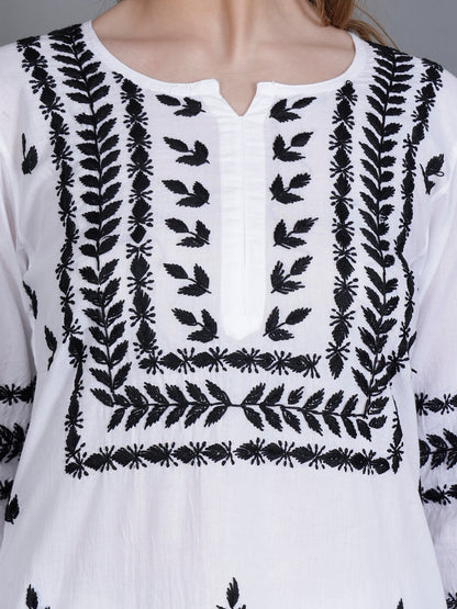 The Chikankari Story Women’s White Hand-Embroidered Kurta Set with Black Lucknowi Work – Straight Fit Kurta & Palazzo.
