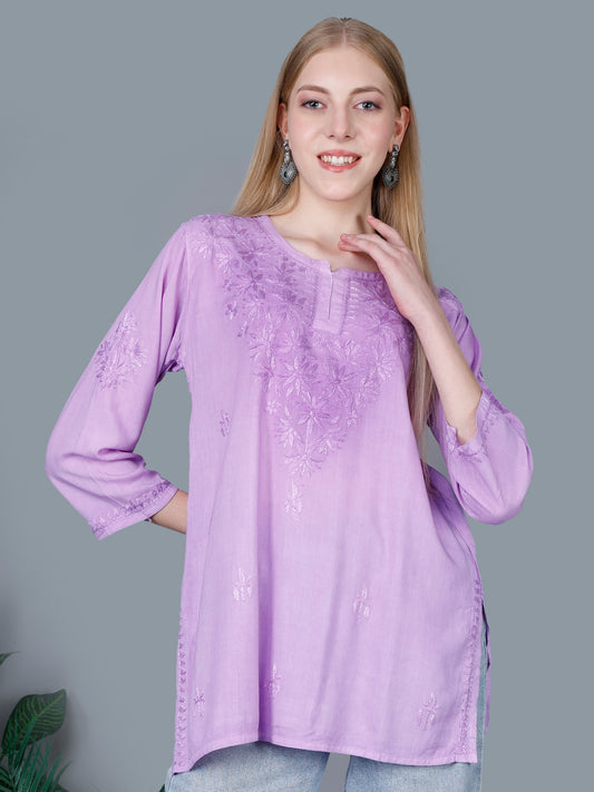 The Chikankari Story Women’s Lucknowi Hand-Embroidered Rayon Short Kurti  – Available in Purple, Yellow, Brown,Blue, Pink and  Black.