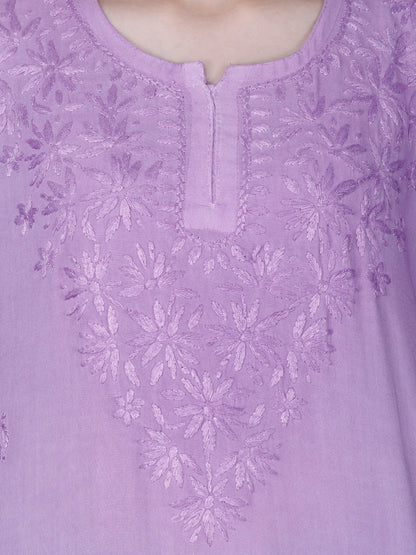 The Chikankari Story Women’s Lucknowi Hand-Embroidered Rayon Short Kurti  – Available in Purple, Yellow, Brown,Blue, Pink and  Black.