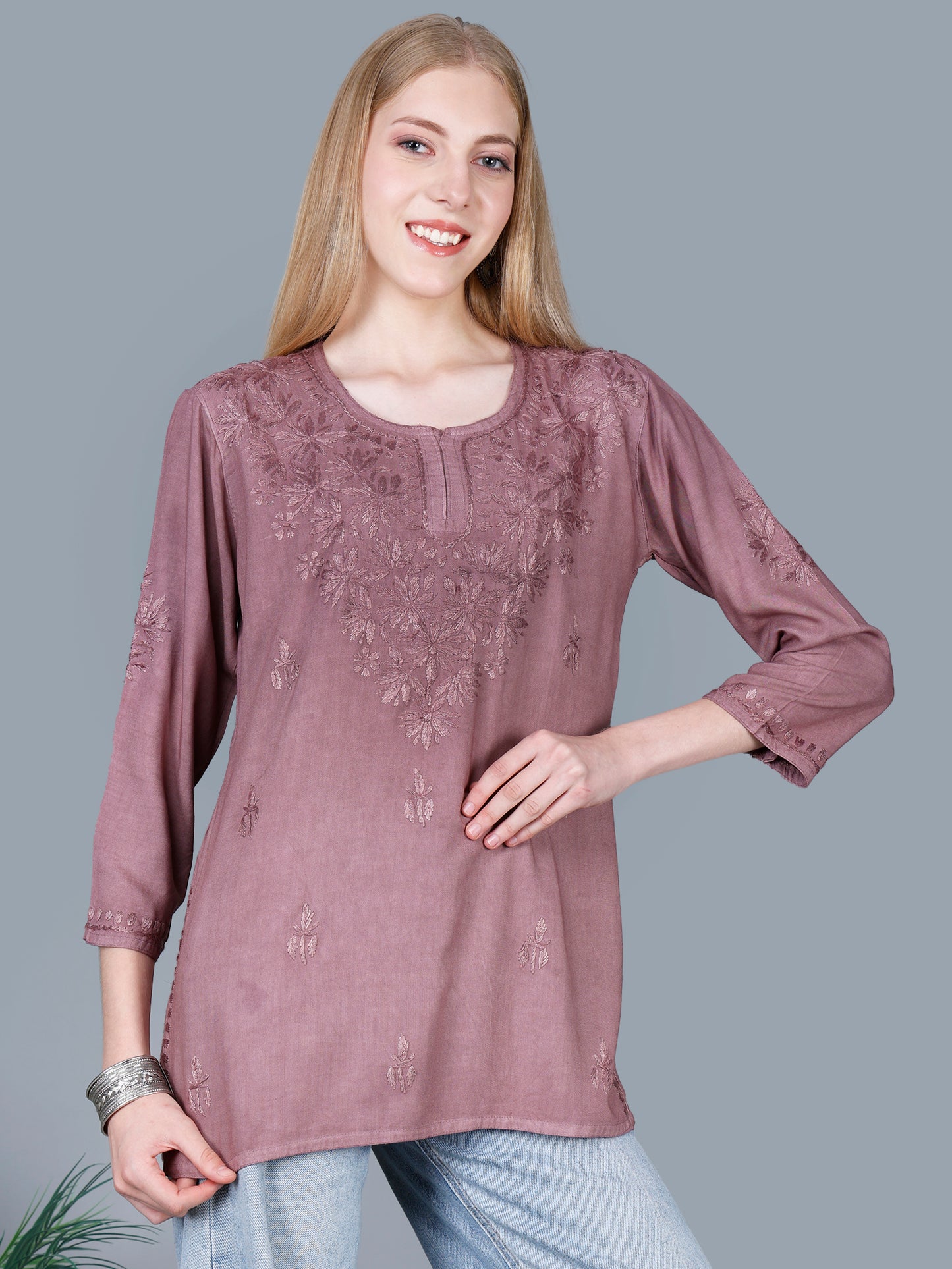 The Chikankari Story Women’s Lucknowi Hand-Embroidered Rayon Short Kurti  – Available in Purple, Yellow, Brown,Blue, Pink and  Black.
