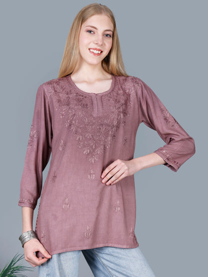 The Chikankari Story Women’s Lucknowi Hand-Embroidered Rayon Short Kurti  – Available in Purple, Yellow, Brown,Blue, Pink and  Black.