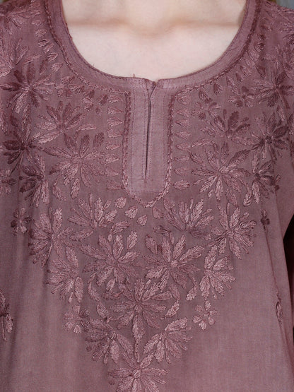 The Chikankari Story Women’s Lucknowi Hand-Embroidered Rayon Short Kurti  – Available in Purple, Yellow, Brown,Blue, Pink and  Black.