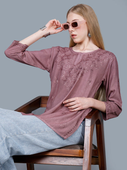 The Chikankari Story Women’s Lucknowi Hand-Embroidered Rayon Short Kurti  – Available in Purple, Yellow, Brown,Blue, Pink and  Black.