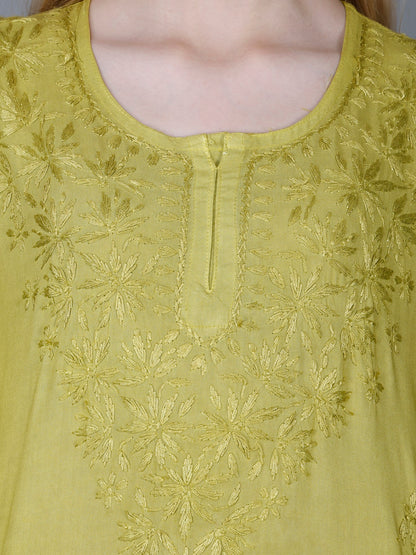 The Chikankari Story Women’s Lucknowi Hand-Embroidered Rayon Short Kurti  – Available in Purple, Yellow, Brown,Blue, Pink and  Black.