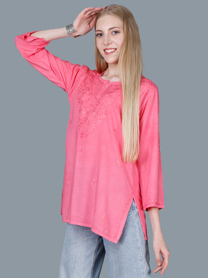 The Chikankari Story Women’s Lucknowi Hand-Embroidered Rayon Short Kurti  – Available in Purple, Yellow, Brown,Blue, Pink and  Black.