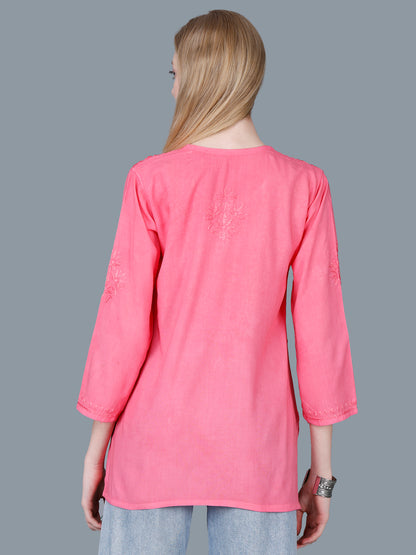 The Chikankari Story Women’s Lucknowi Hand-Embroidered Rayon Short Kurti  – Available in Purple, Yellow, Brown,Blue, Pink and  Black.
