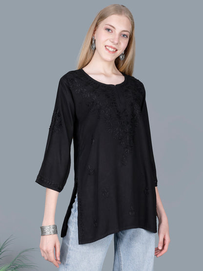 The Chikankari Story Women’s Lucknowi Hand-Embroidered Rayon Short Kurti  – Available in Purple, Yellow, Brown,Blue, Pink and  Black.