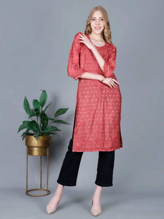 The Chikankari Story Women’s Lucknowi Hand-Embroidered Chanderi Long Kurti  – Available in Red, Yellow, Brick,Blue, Purple, Black & Peach.