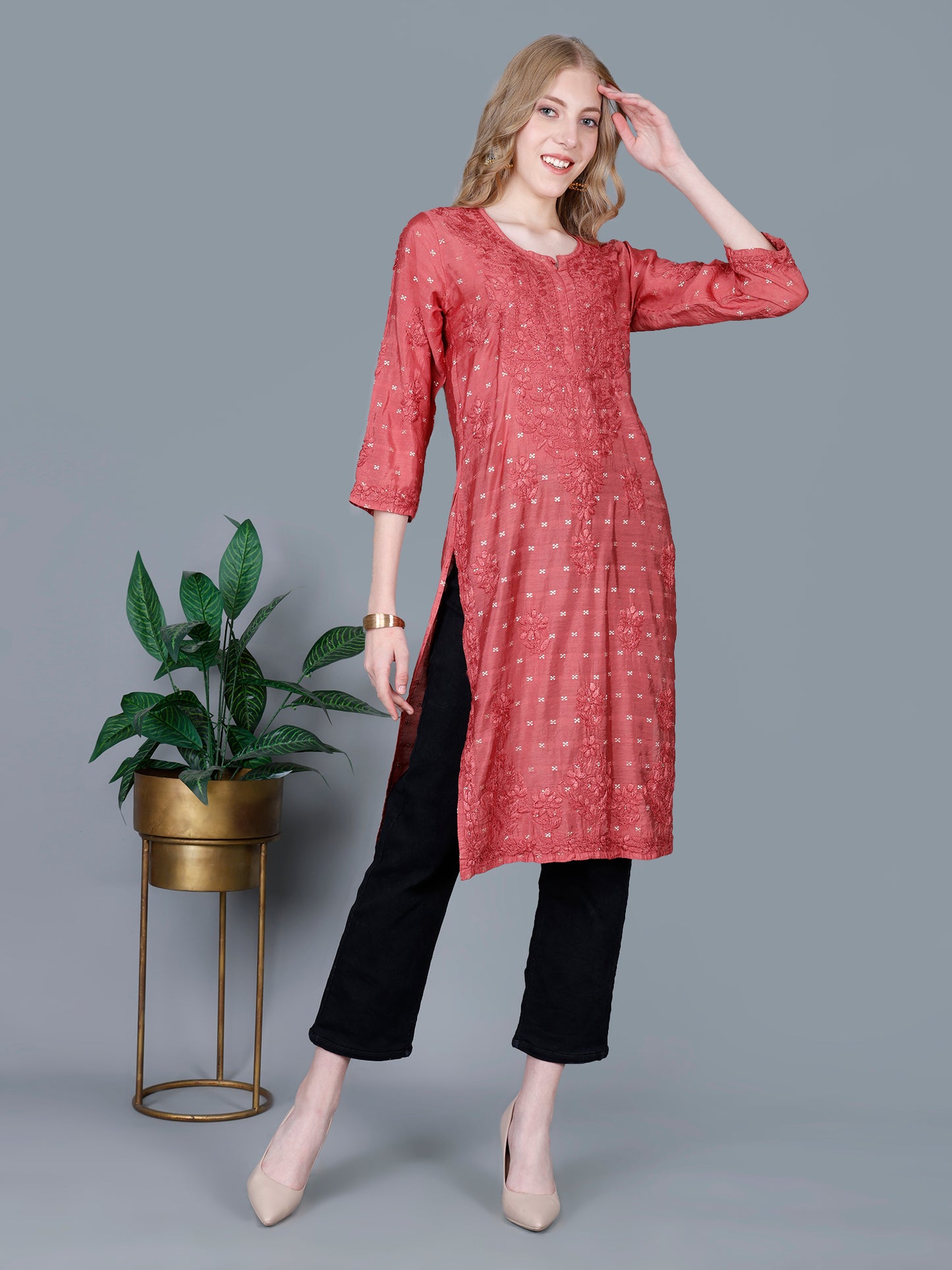 The Chikankari Story Women’s Lucknowi Hand-Embroidered Chanderi Long Kurti  – Available in Red, Yellow, Brick,Blue, Purple, Black & Peach.