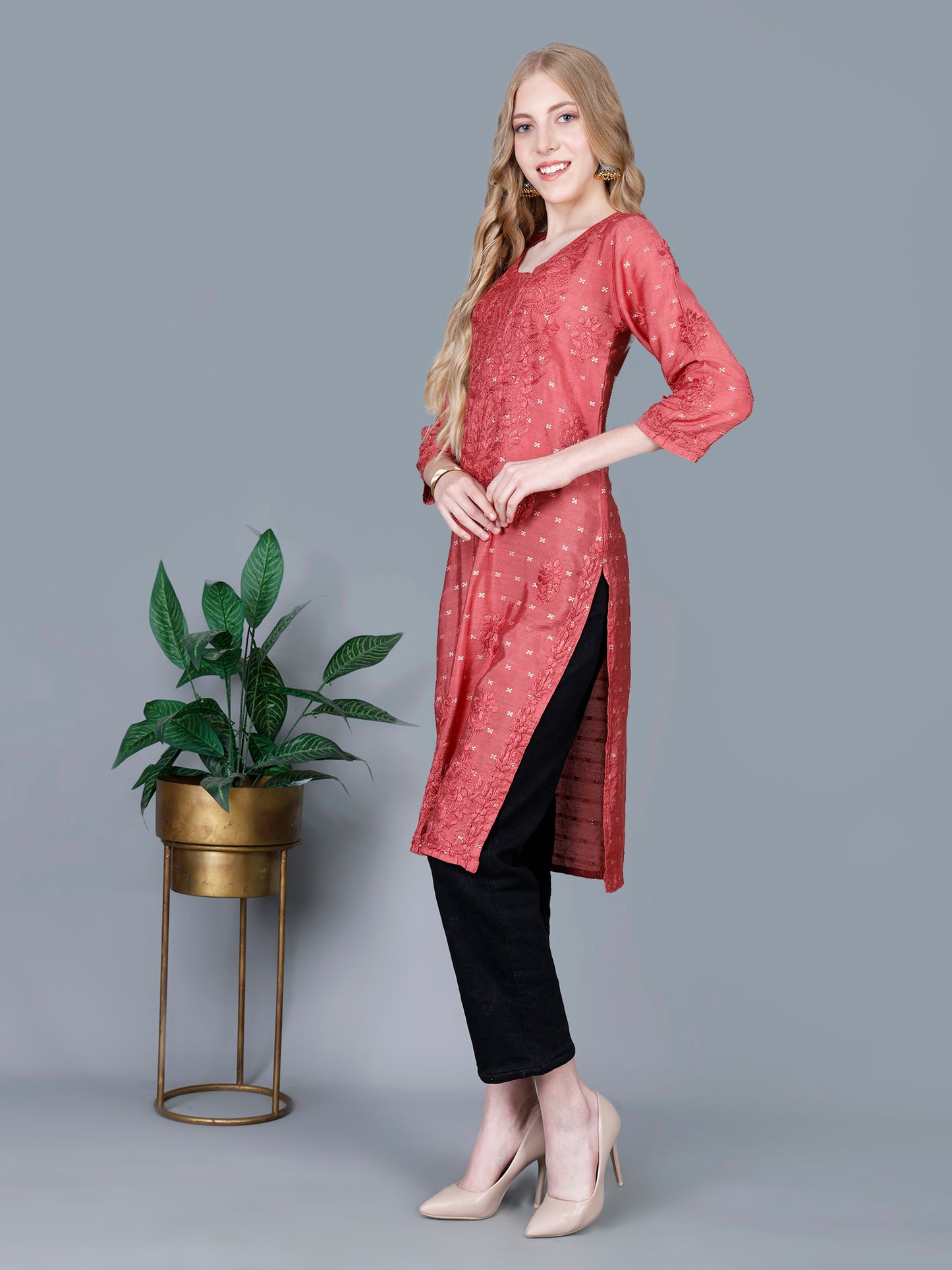 The Chikankari Story Women’s Lucknowi Hand-Embroidered Chanderi Long Kurti  – Available in Red, Yellow, Brick,Blue, Purple, Black & Peach.