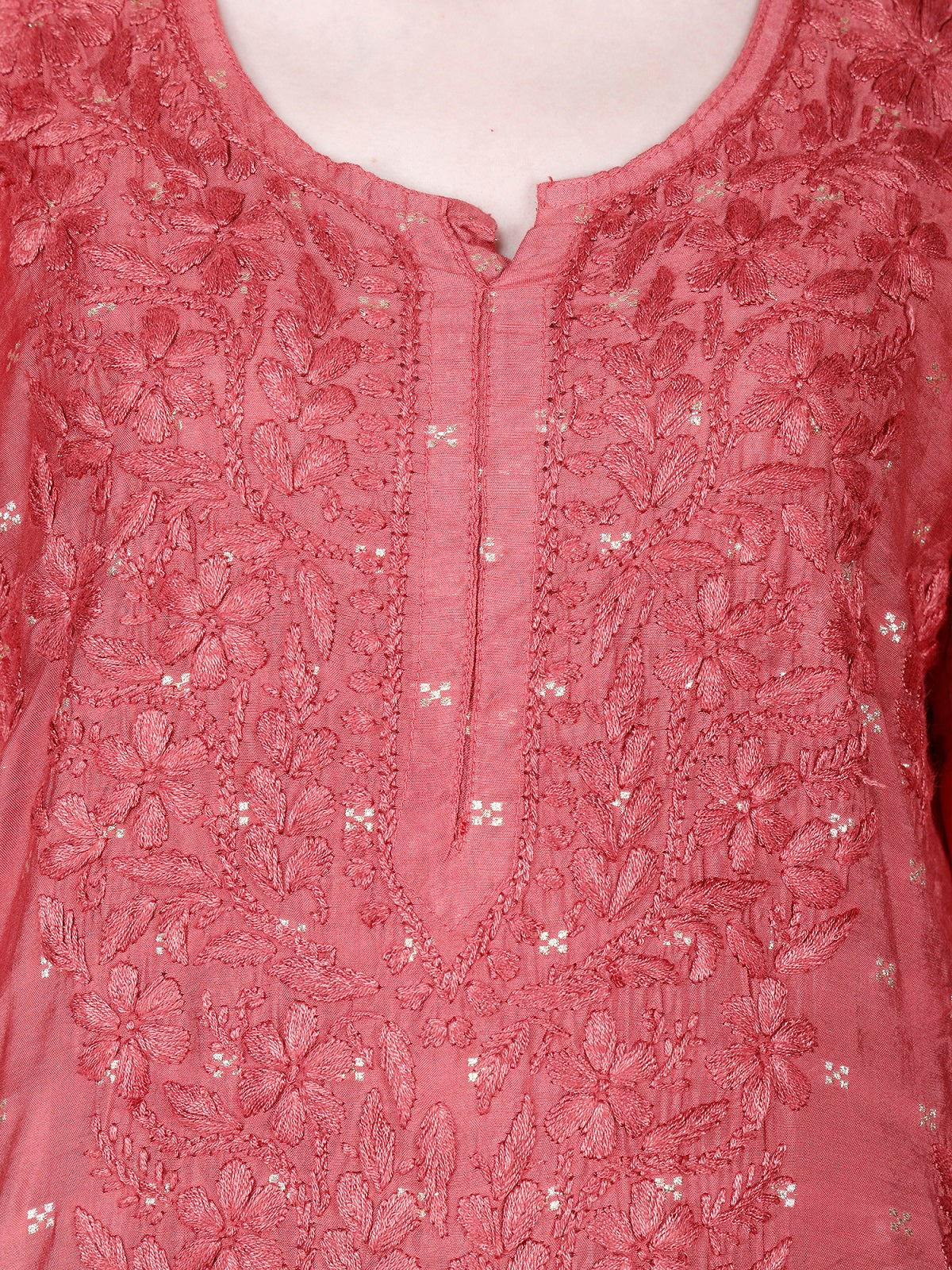 The Chikankari Story Women’s Lucknowi Hand-Embroidered Chanderi Long Kurti  – Available in Red, Yellow, Brick,Blue, Purple, Black & Peach.