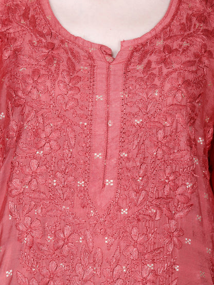 The Chikankari Story Women’s Lucknowi Hand-Embroidered Chanderi Long Kurti  – Available in Red, Yellow, Brick,Blue, Purple, Black & Peach.