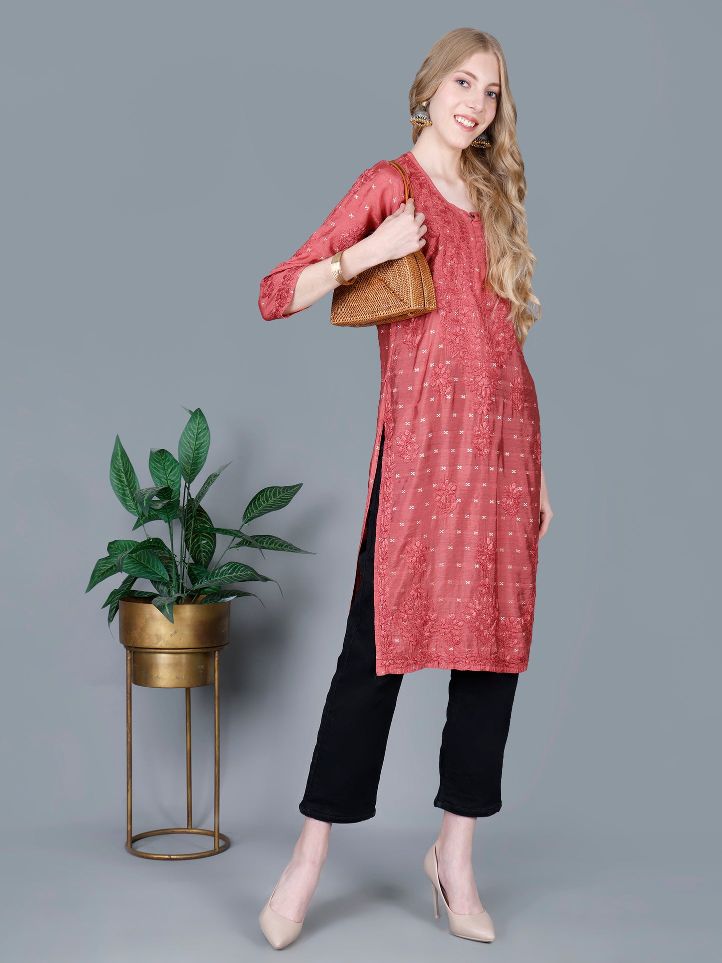 The Chikankari Story Women’s Lucknowi Hand-Embroidered Chanderi Long Kurti  – Available in Red, Yellow, Brick,Blue, Purple, Black & Peach.
