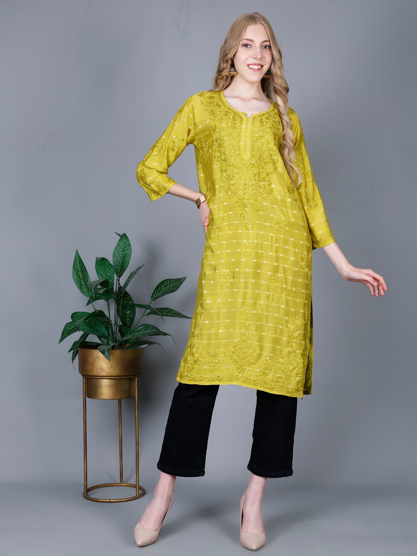 The Chikankari Story Women’s Lucknowi Hand-Embroidered Chanderi Long Kurti  – Available in Red, Yellow, Brick,Blue, Purple, Black & Peach.