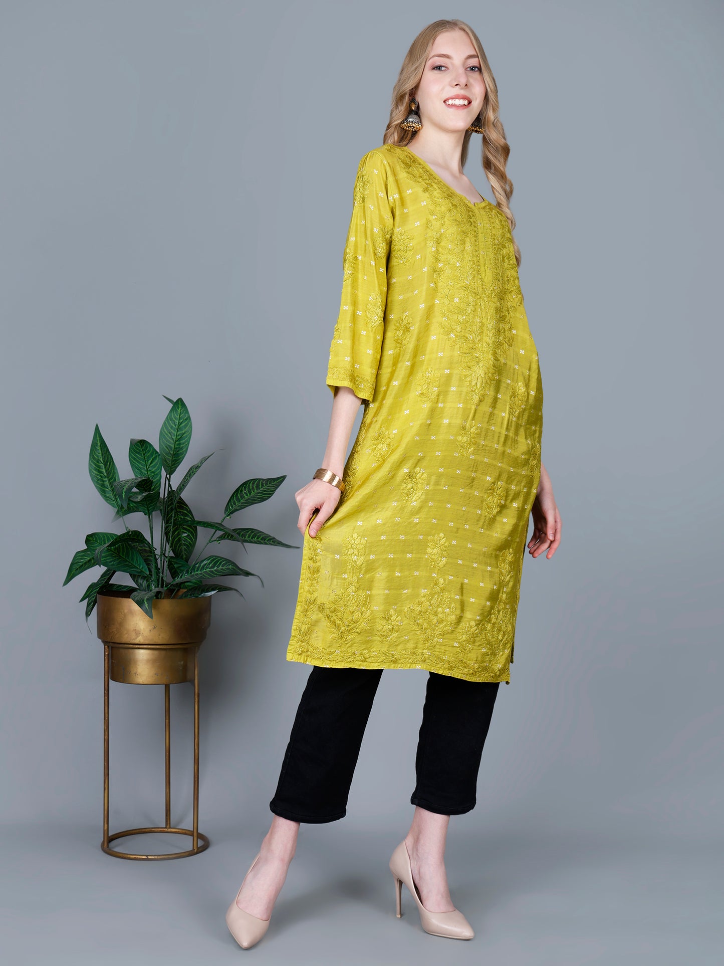 The Chikankari Story Women’s Lucknowi Hand-Embroidered Chanderi Long Kurti  – Available in Red, Yellow, Brick,Blue, Purple, Black & Peach.