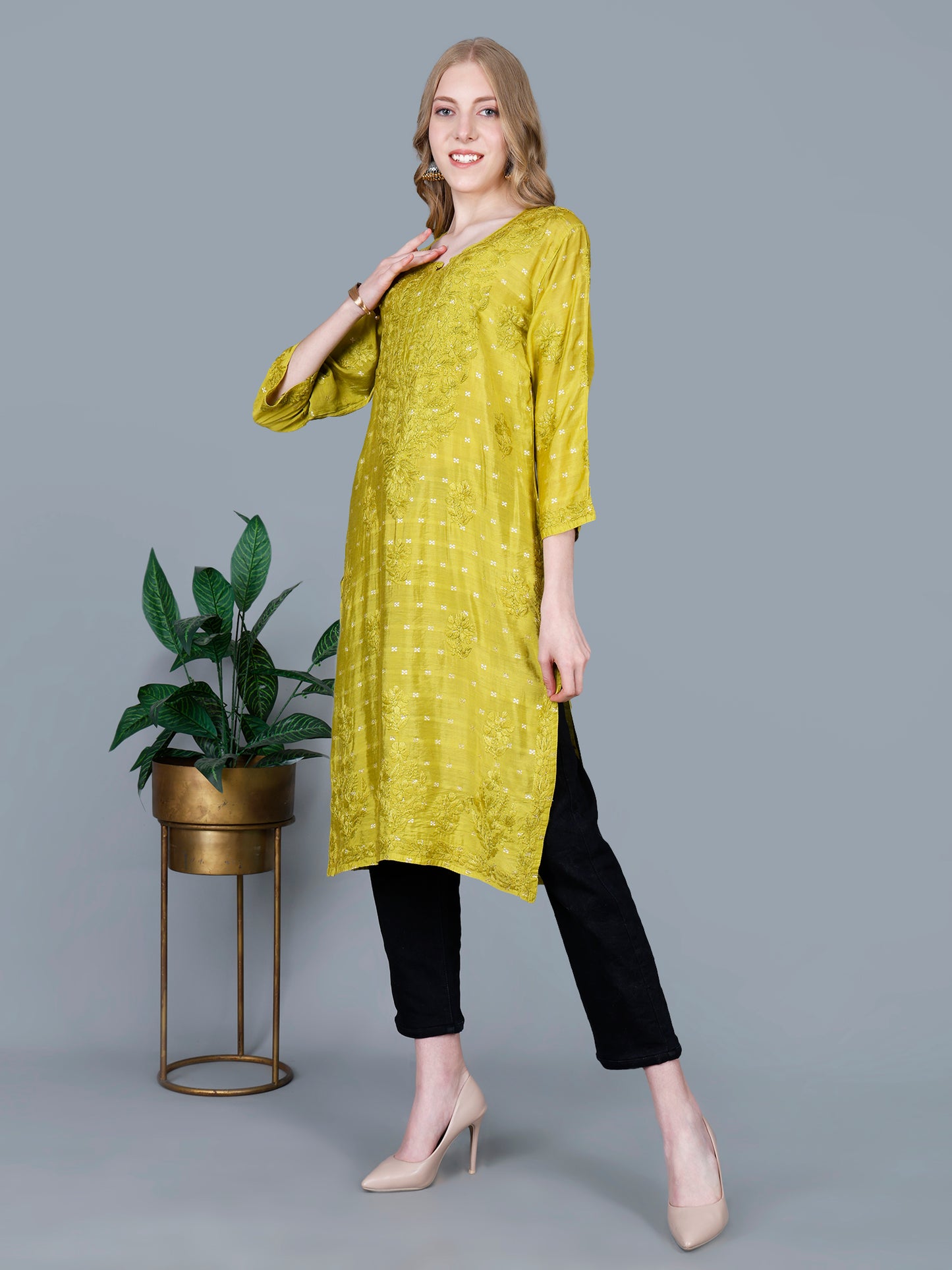 The Chikankari Story Women’s Lucknowi Hand-Embroidered Chanderi Long Kurti  – Available in Red, Yellow, Brick,Blue, Purple, Black & Peach.