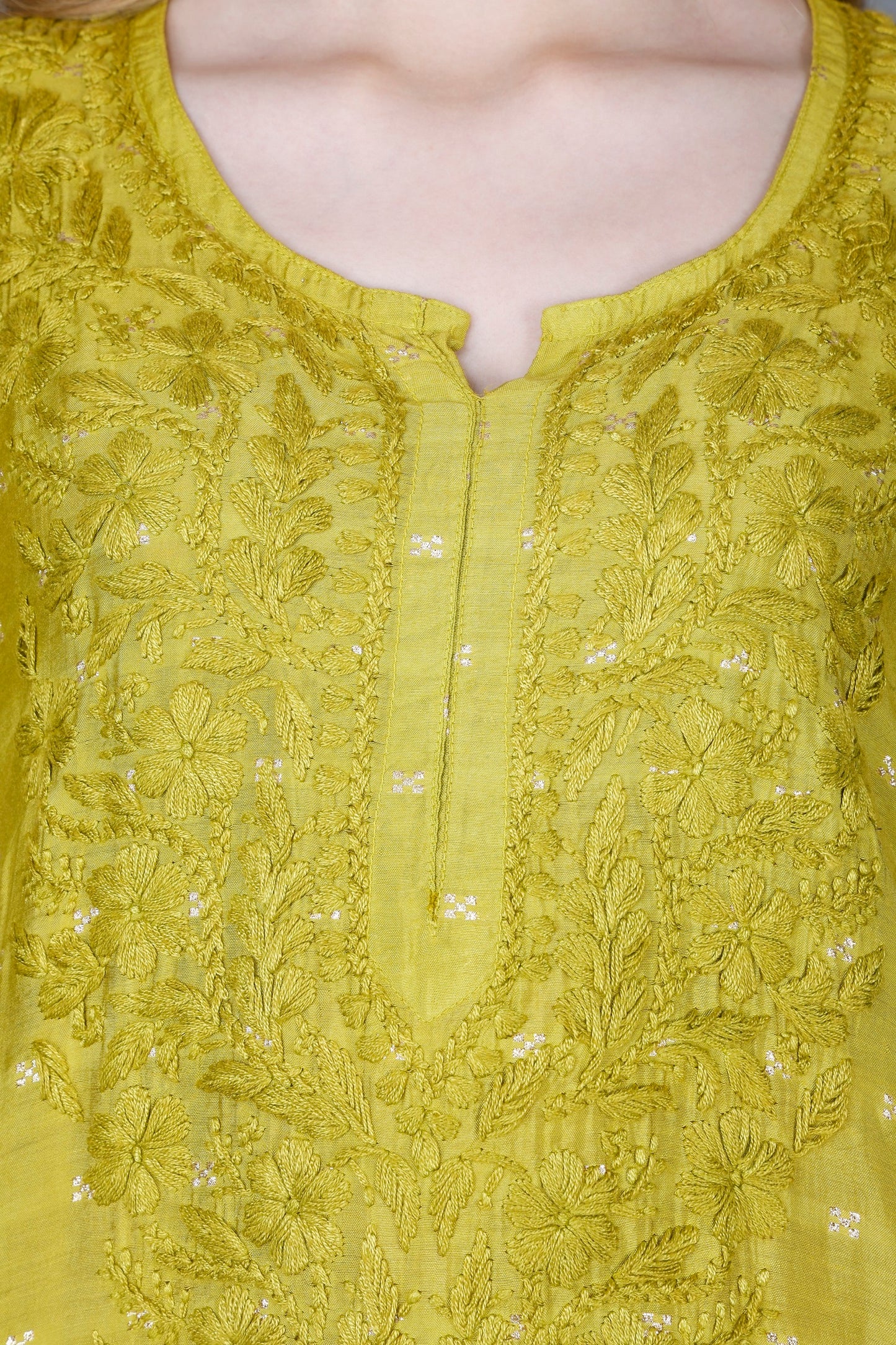 The Chikankari Story Women’s Lucknowi Hand-Embroidered Chanderi Long Kurti  – Available in Red, Yellow, Brick,Blue, Purple, Black & Peach.