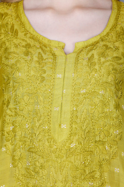 The Chikankari Story Women’s Lucknowi Hand-Embroidered Chanderi Long Kurti  – Available in Red, Yellow, Brick,Blue, Purple, Black & Peach.