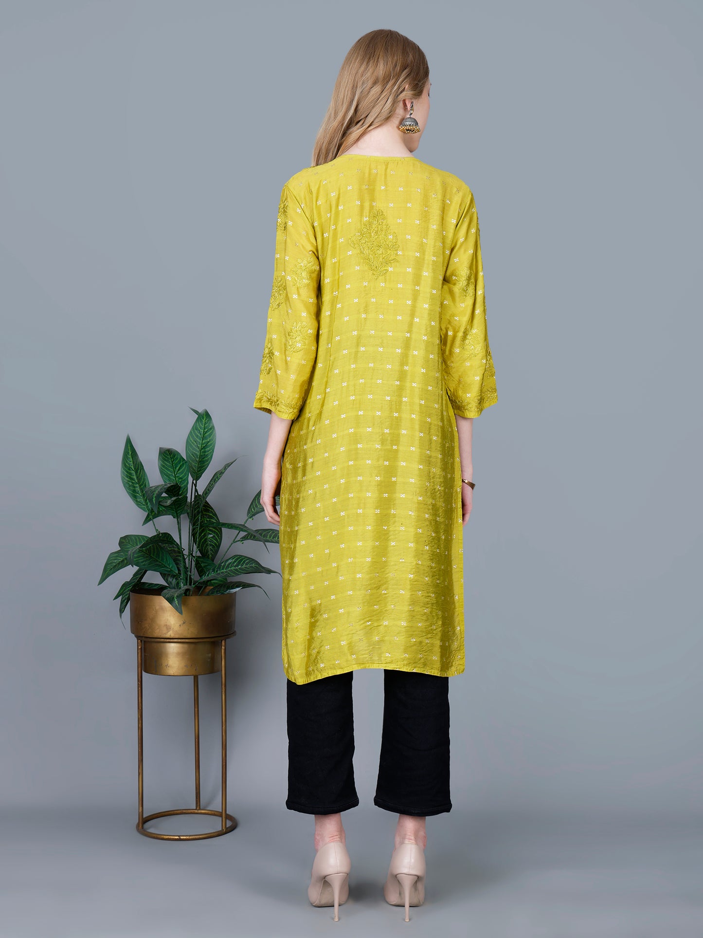 The Chikankari Story Women’s Lucknowi Hand-Embroidered Chanderi Long Kurti  – Available in Red, Yellow, Brick,Blue, Purple, Black & Peach.