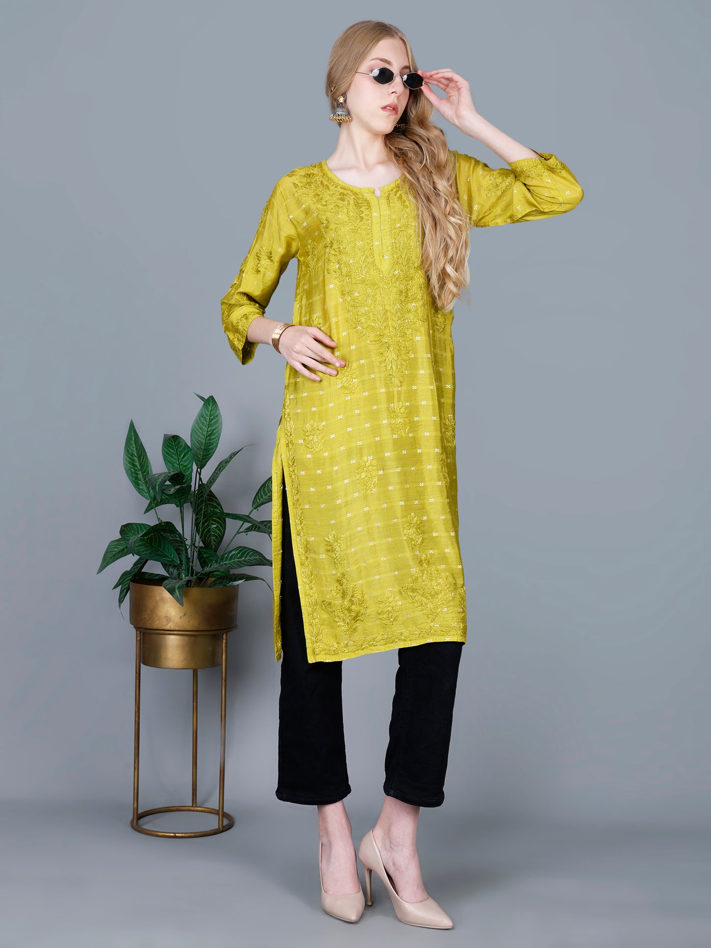 The Chikankari Story Women’s Lucknowi Hand-Embroidered Chanderi Long Kurti  – Available in Red, Yellow, Brick,Blue, Purple, Black & Peach.