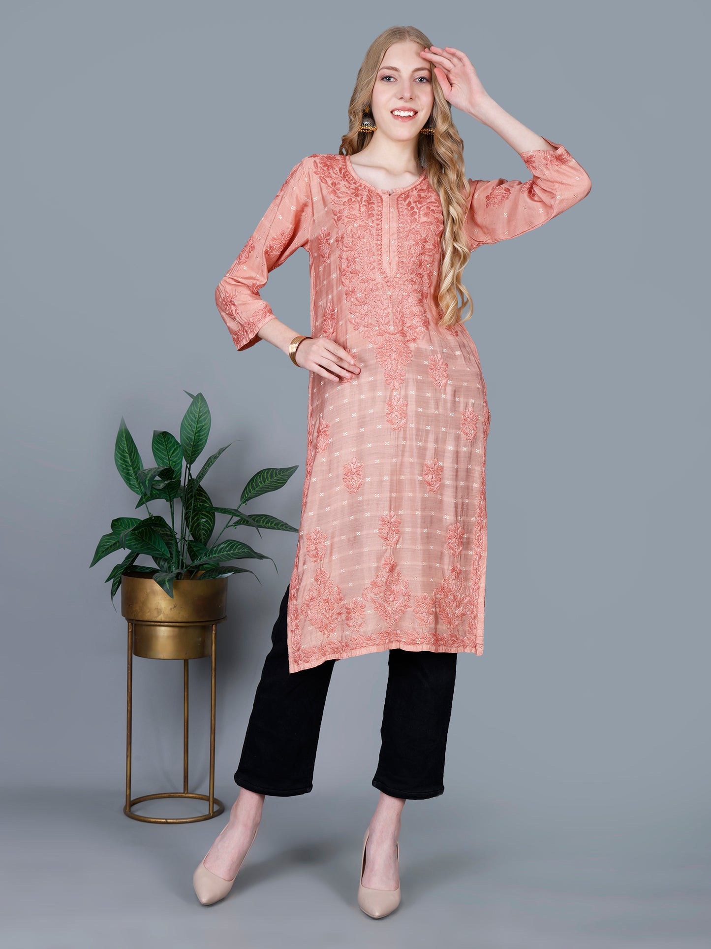 The Chikankari Story Women’s Lucknowi Hand-Embroidered Chanderi Long Kurti  – Available in Red, Yellow, Brick,Blue, Purple, Black & Peach.