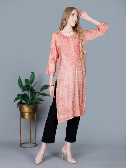 The Chikankari Story Women’s Lucknowi Hand-Embroidered Chanderi Long Kurti  – Available in Red, Yellow, Brick,Blue, Purple, Black & Peach.