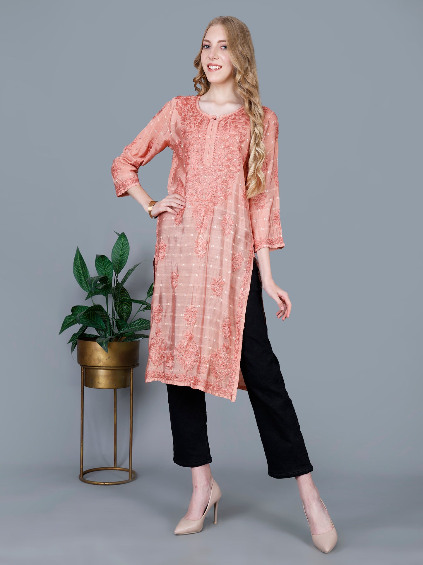 The Chikankari Story Women’s Lucknowi Hand-Embroidered Chanderi Long Kurti  – Available in Red, Yellow, Brick,Blue, Purple, Black & Peach.