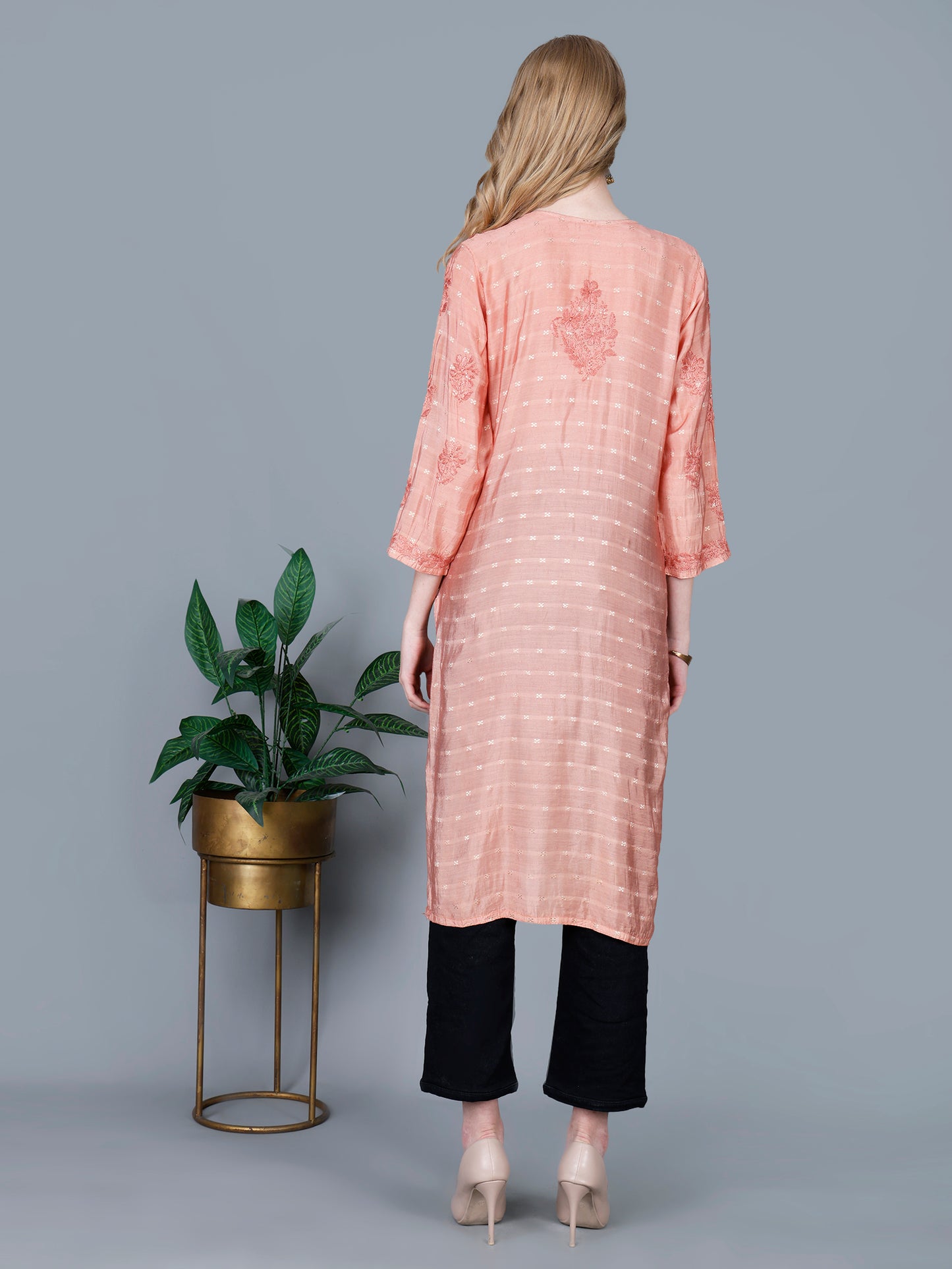 The Chikankari Story Women’s Lucknowi Hand-Embroidered Chanderi Long Kurti  – Available in Red, Yellow, Brick,Blue, Purple, Black & Peach.