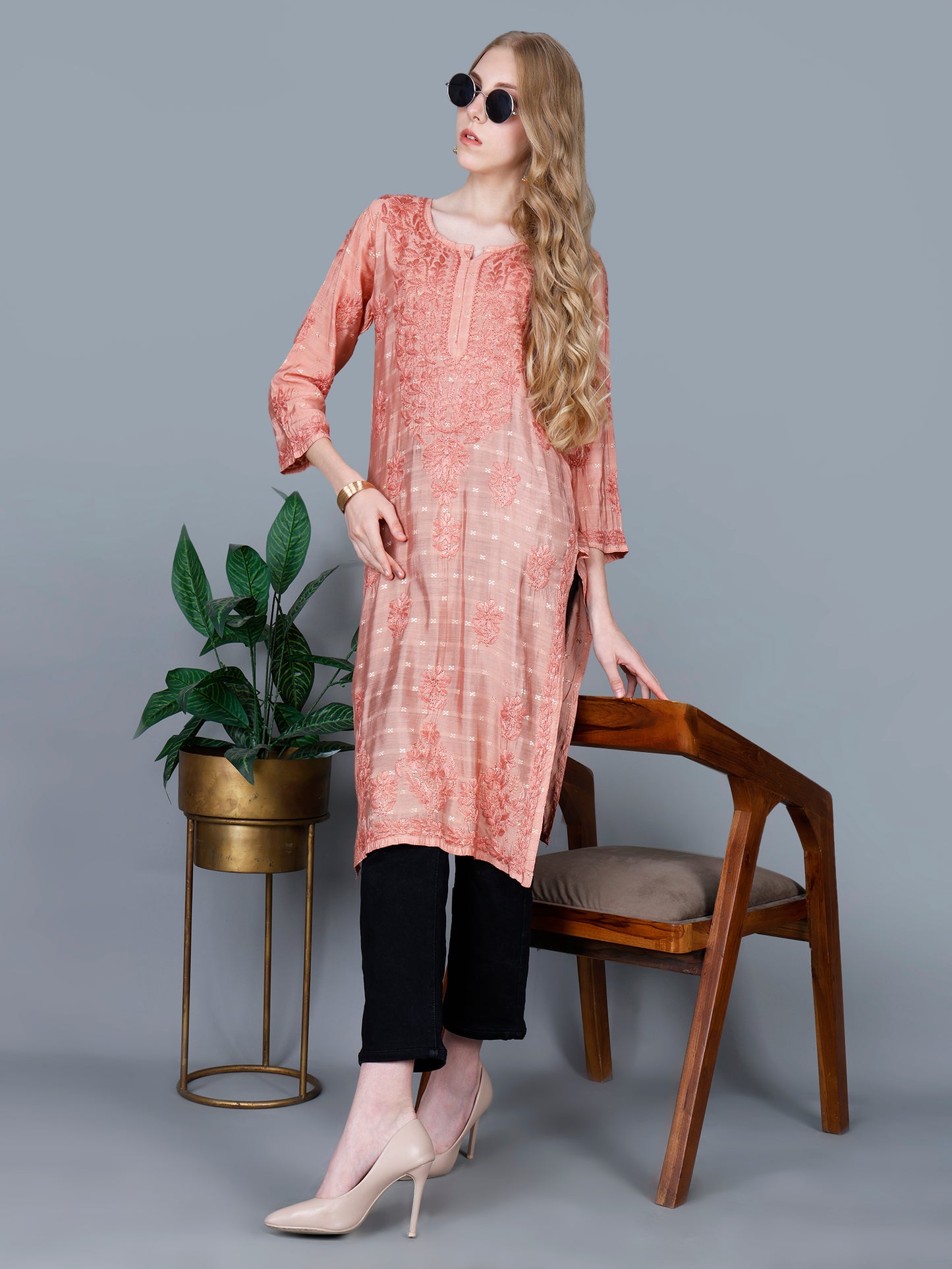The Chikankari Story Women’s Lucknowi Hand-Embroidered Chanderi Long Kurti  – Available in Red, Yellow, Brick,Blue, Purple, Black & Peach.