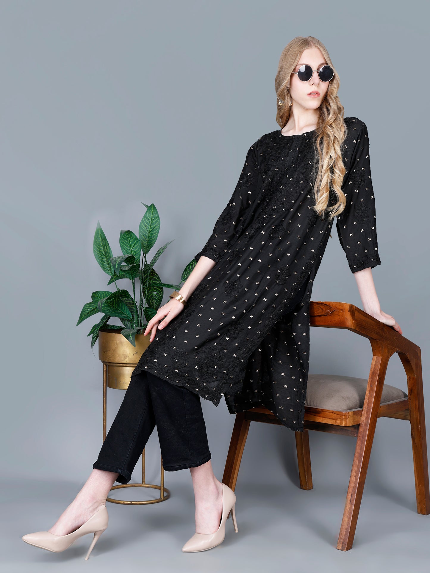 The Chikankari Story Women’s Lucknowi Hand-Embroidered Chanderi Long Kurti  – Available in Red, Yellow, Brick,Blue, Purple, Black & Peach.