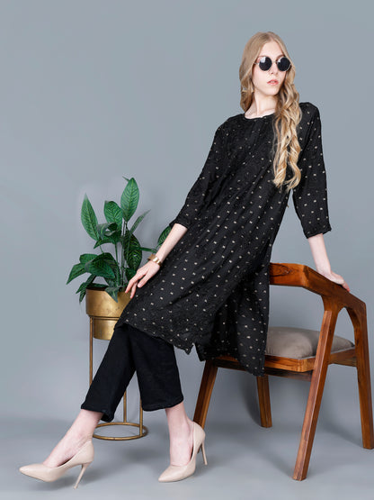 The Chikankari Story Women’s Lucknowi Hand-Embroidered Chanderi Long Kurti  – Available in Red, Yellow, Brick,Blue, Purple, Black & Peach.