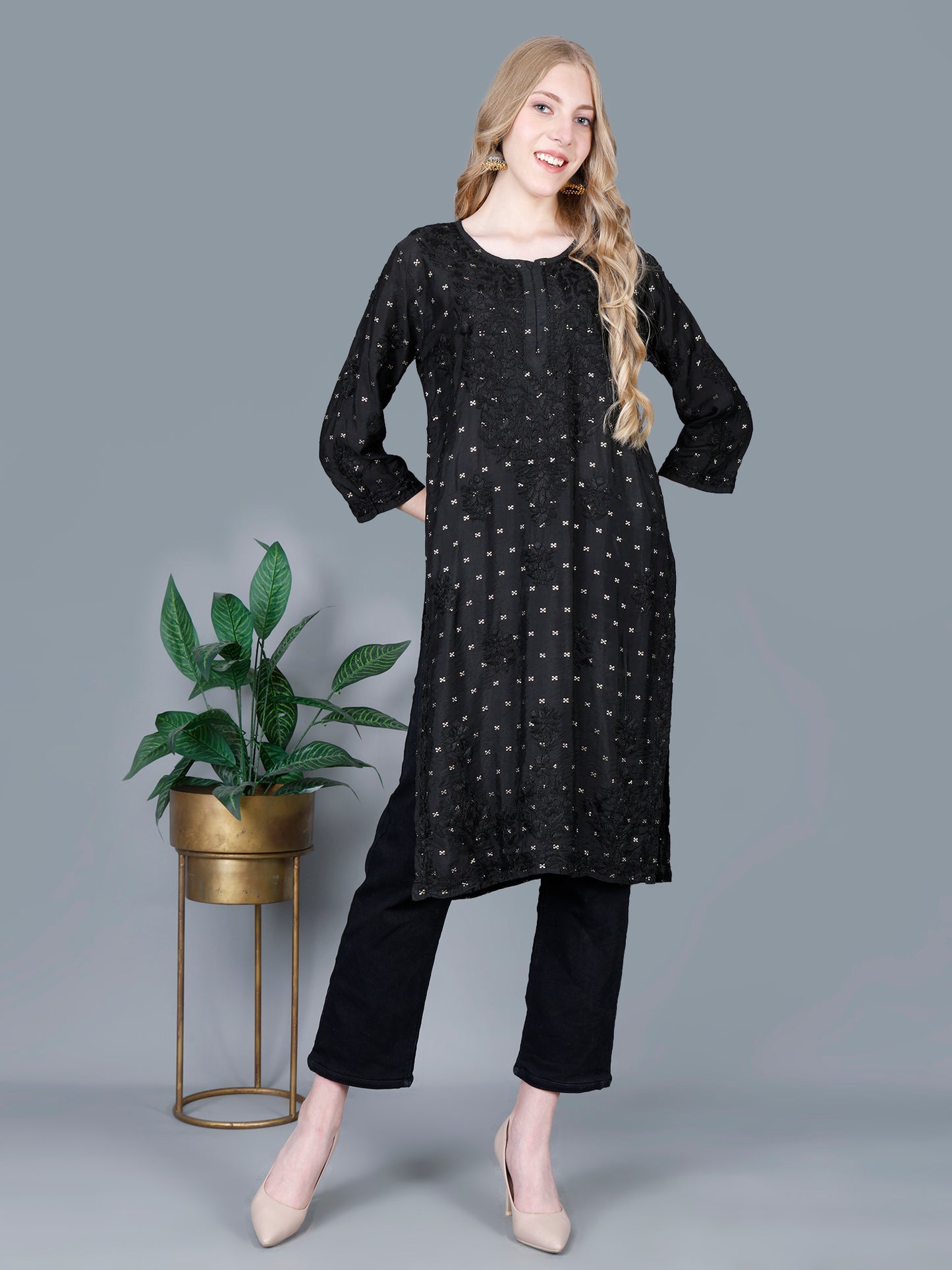 The Chikankari Story Women’s Lucknowi Hand-Embroidered Chanderi Long Kurti  – Available in Red, Yellow, Brick,Blue, Purple, Black & Peach.